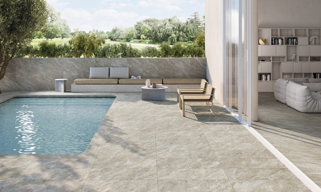 indoor outdoor space with swimming pool